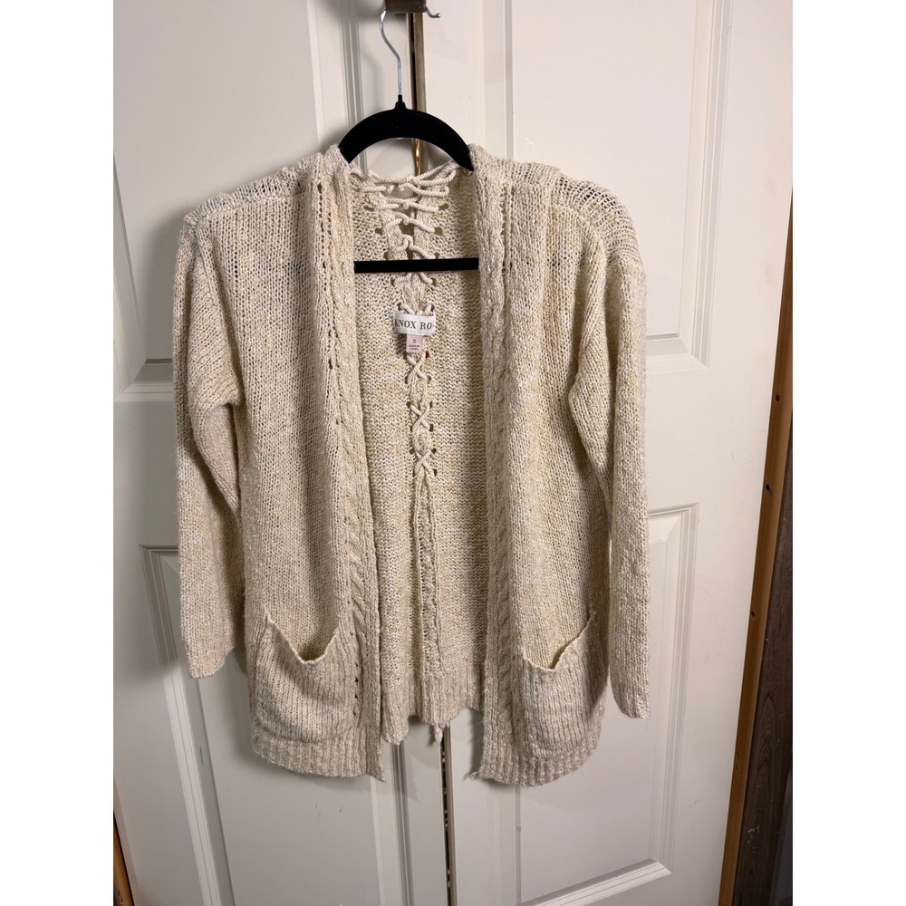 Knox Rose Cream Marled Knit Hooded Cardigan Lace Up Back Bohemian Sweater Small